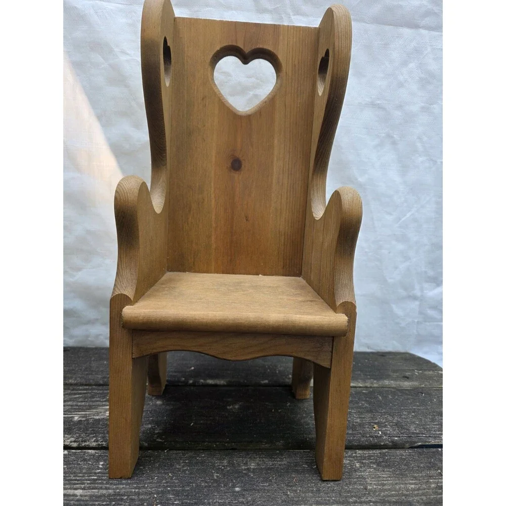 Vintage Rustic Wooden Doll Chair Display Bench Shelf Child Heart Cut Out